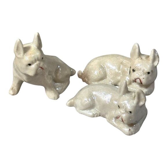Vintage Ceramic French Bulldog Figurines Set O 3 White Glossy Lustre Finish Mini - Picture 1 of 10